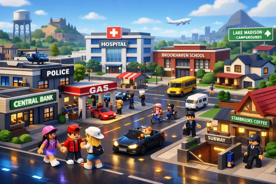Vista aérea de la ciudad de Brookhaven RP en Roblox